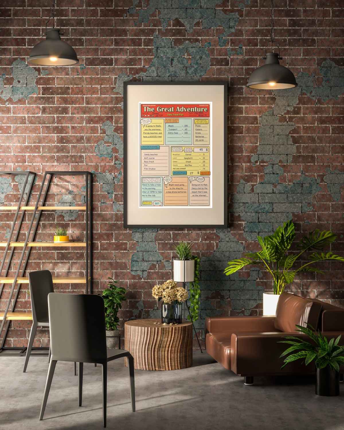 Comic book travel planner poster on the wall