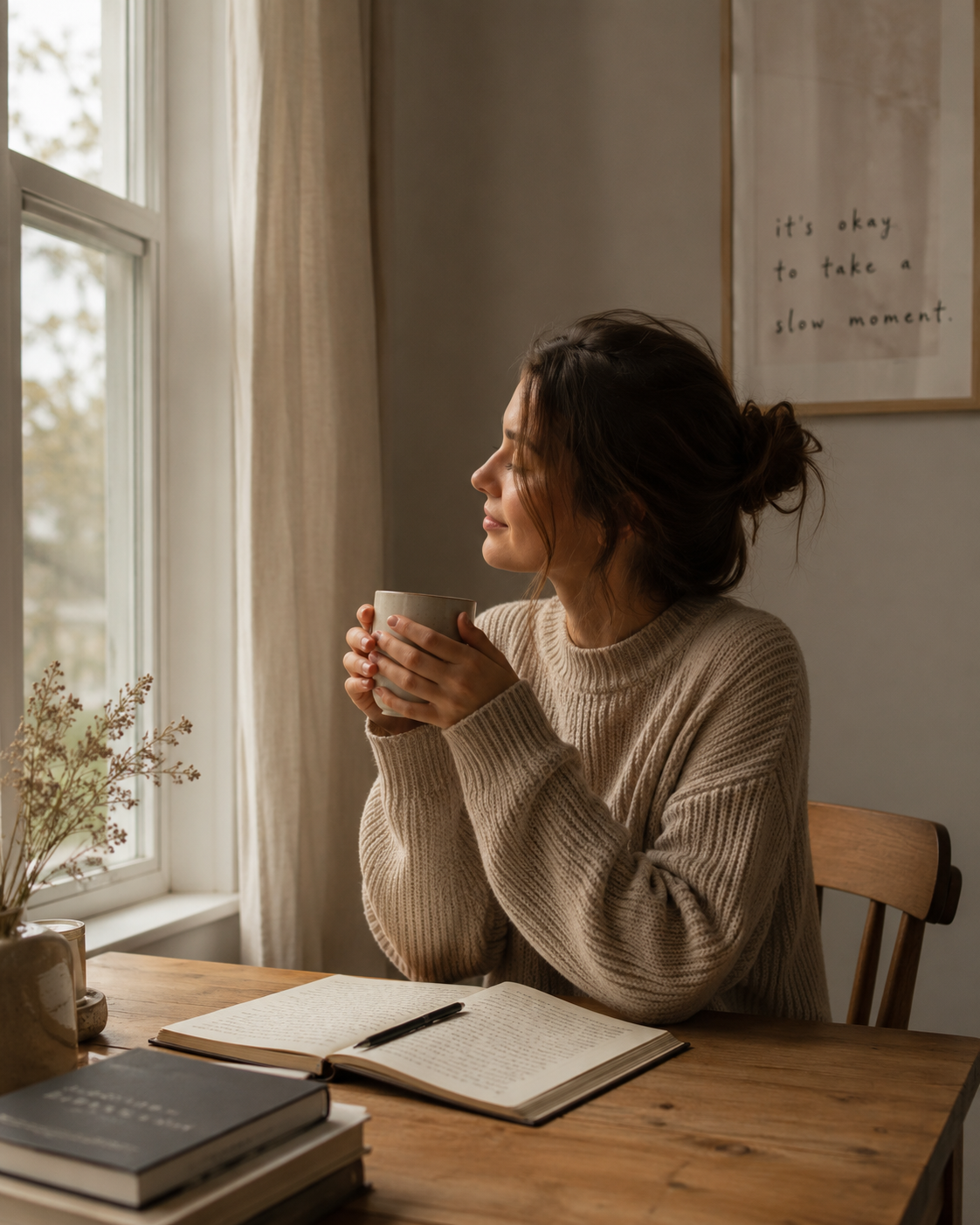 soft window light coffee/journal seated calm moment neutral tones - “quiet relief”