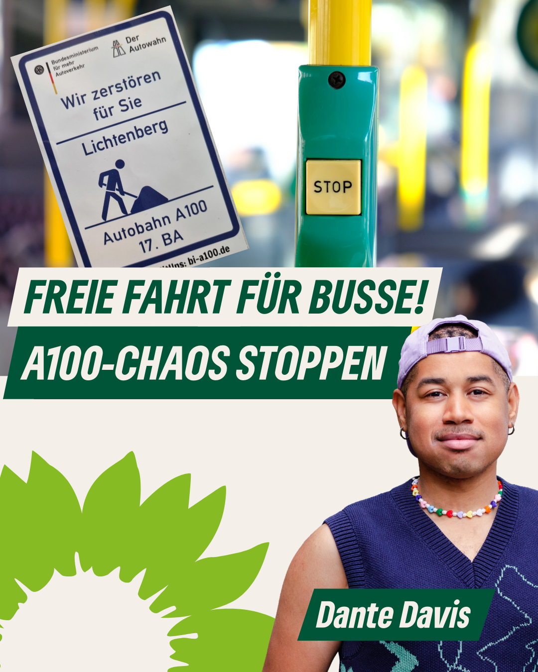 Sharepic zum Antrag, mit einem Foto von Dante Davies und einem Bus von innen.