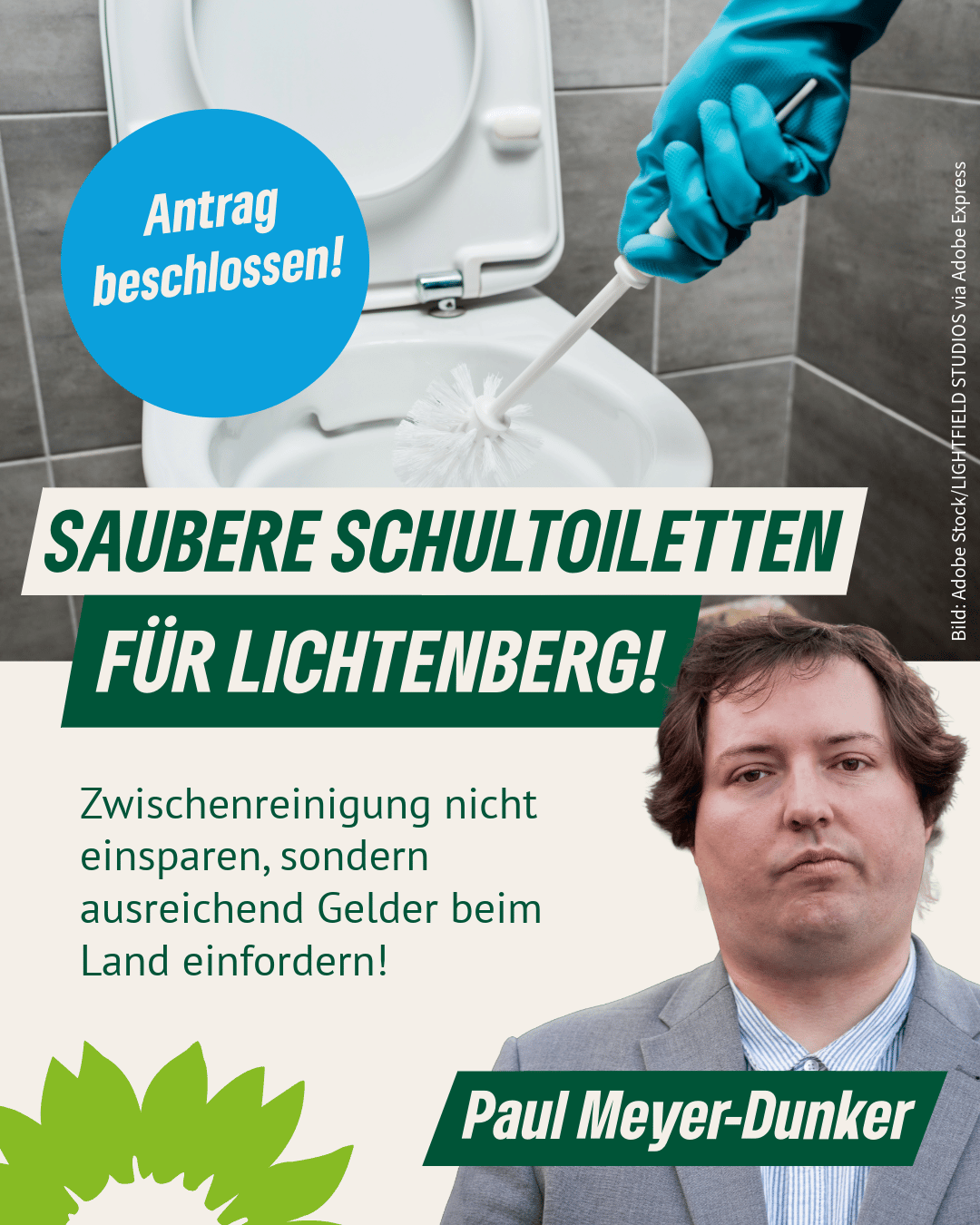 Sharepic zum Antrag mit dem Foto einer Toilette, die mit einer Klobürste geputzt wird.