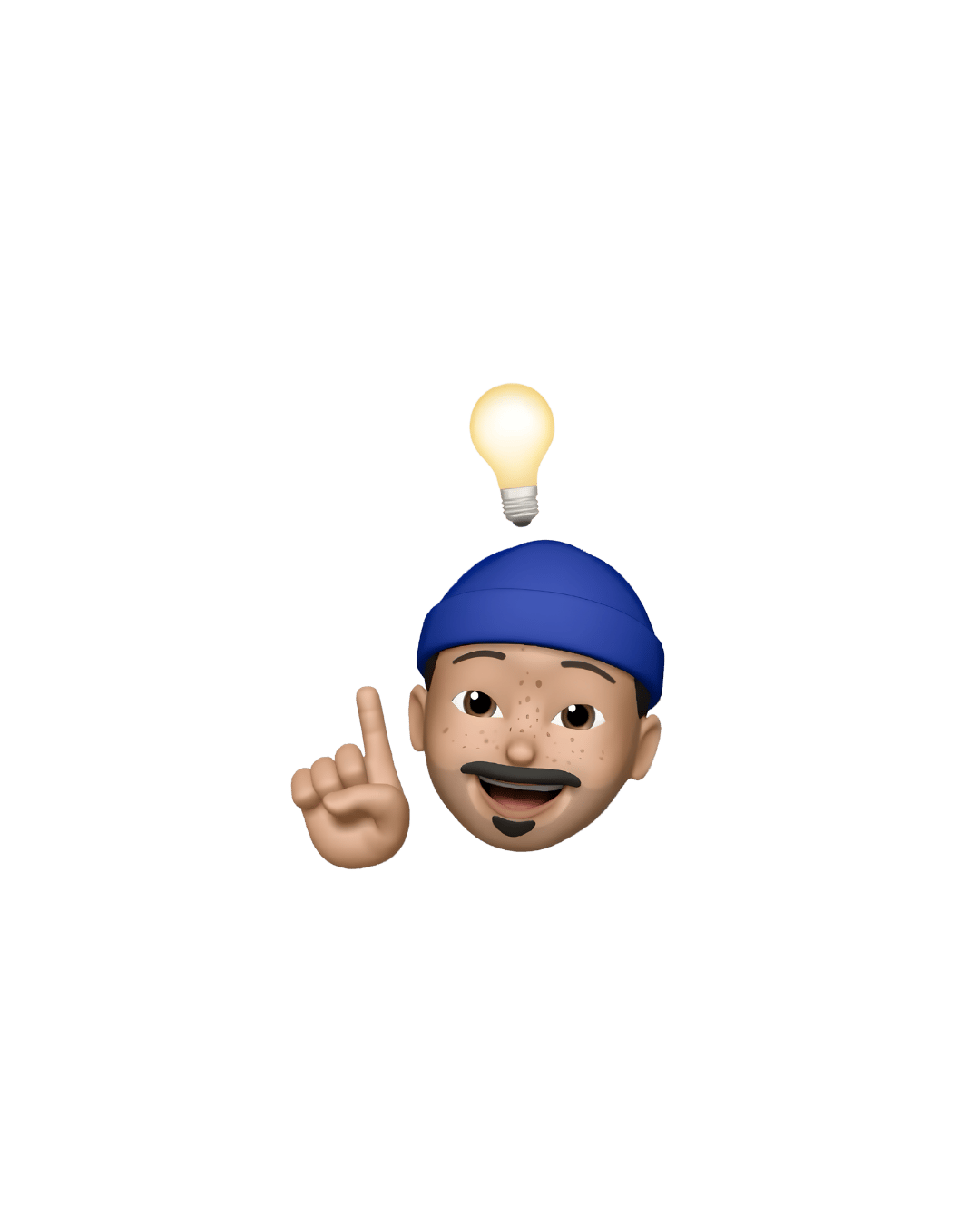 Un emoji 3D de Notiia avec un bonnet bleu pointant vers le haut une ampoule allumée (icône d'idée).