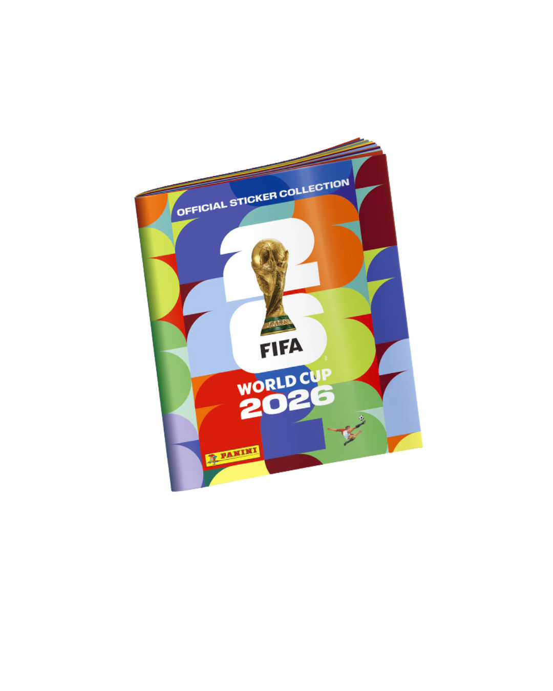 Official Panini FIFA World Cup 2026 sticker album featuring the gold trophy and colorful abstract design.