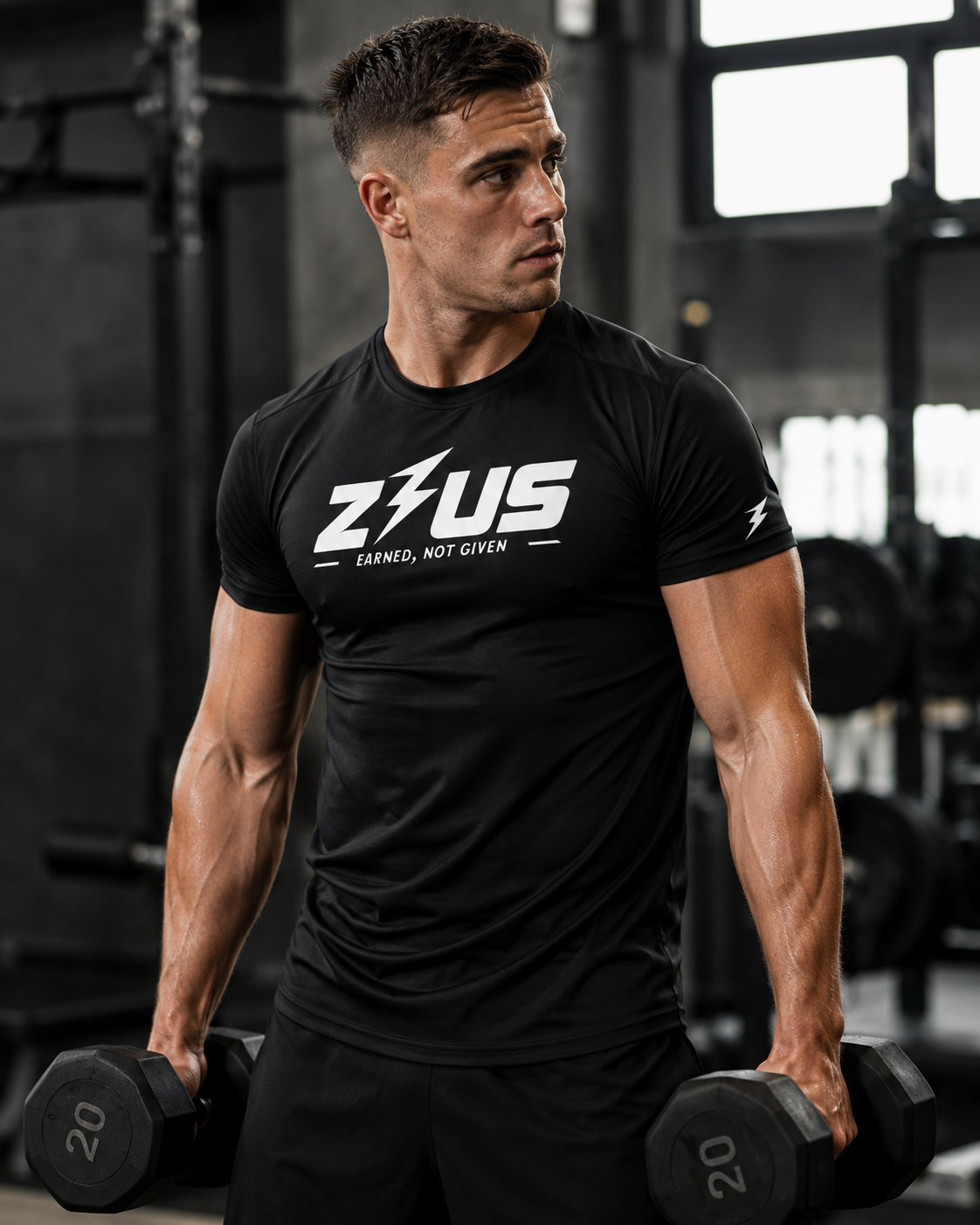 Male athlete training in a gym wearing a black Zeus performance tee, showcasing modern gym wear NZ.