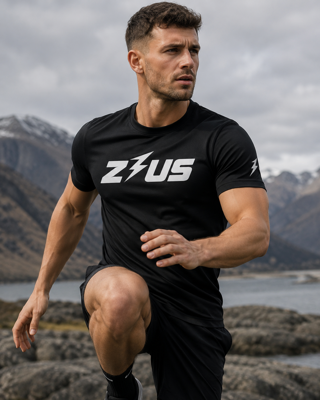 Male athlete training outdoors in black Zeus performance tee for activewear NZ and outdoor workouts.