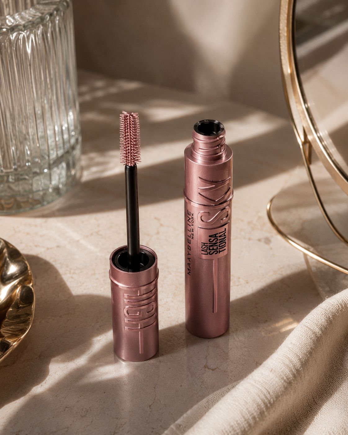 Close-up aesthetic beauty photo of Maybelline Sky High Mascara on a beige marble vanity.