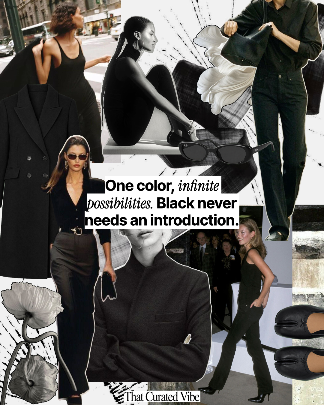 All black outfit inspiration collage featuring trousers, structured tops, and minimalist accessories