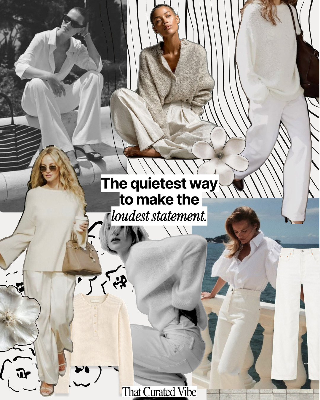 All white and cream outfit inspiration collage featuring tonal layering and soft neutral textures