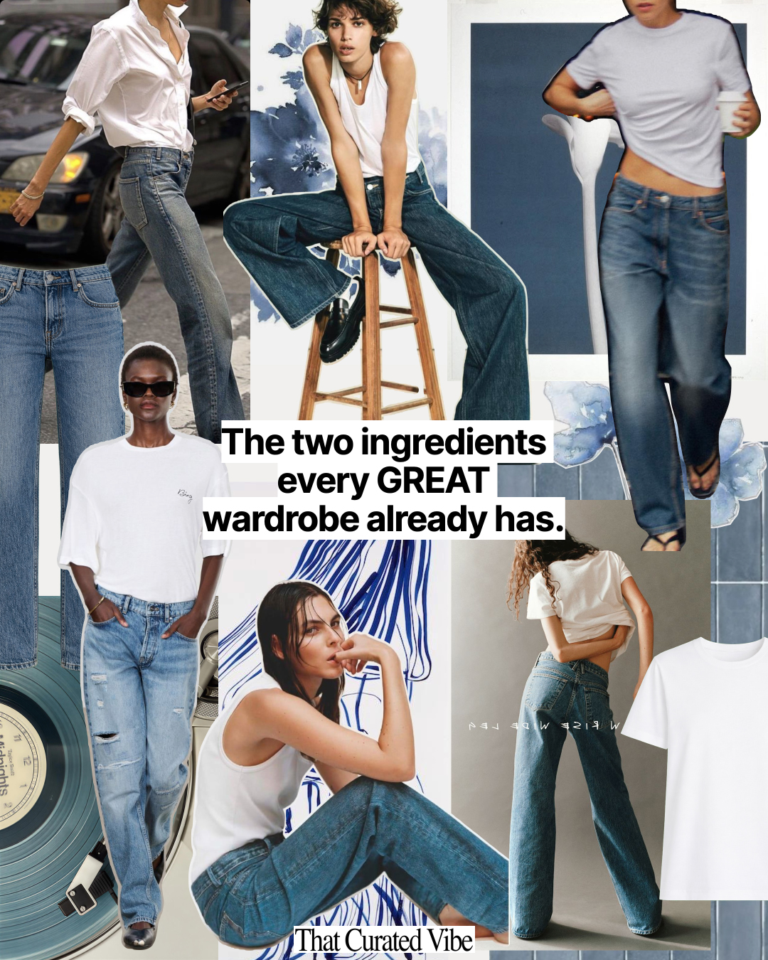 Denim and white outfit inspiration collage featuring classic jeans and white tops,Parisian aesthetic