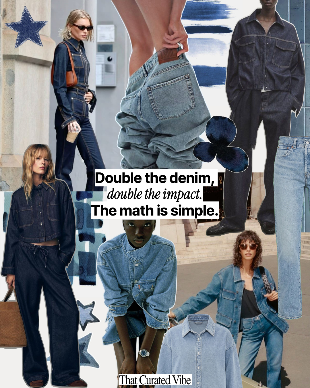 Denim on denim outfit inspiration collage featuring layered denim pieces in different washes