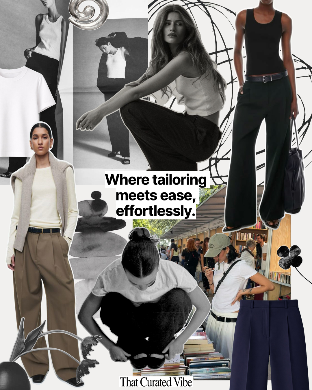 Tailored trousers and basic t-shirt outfit inspiration collage mixing structured and relaxed pieces
