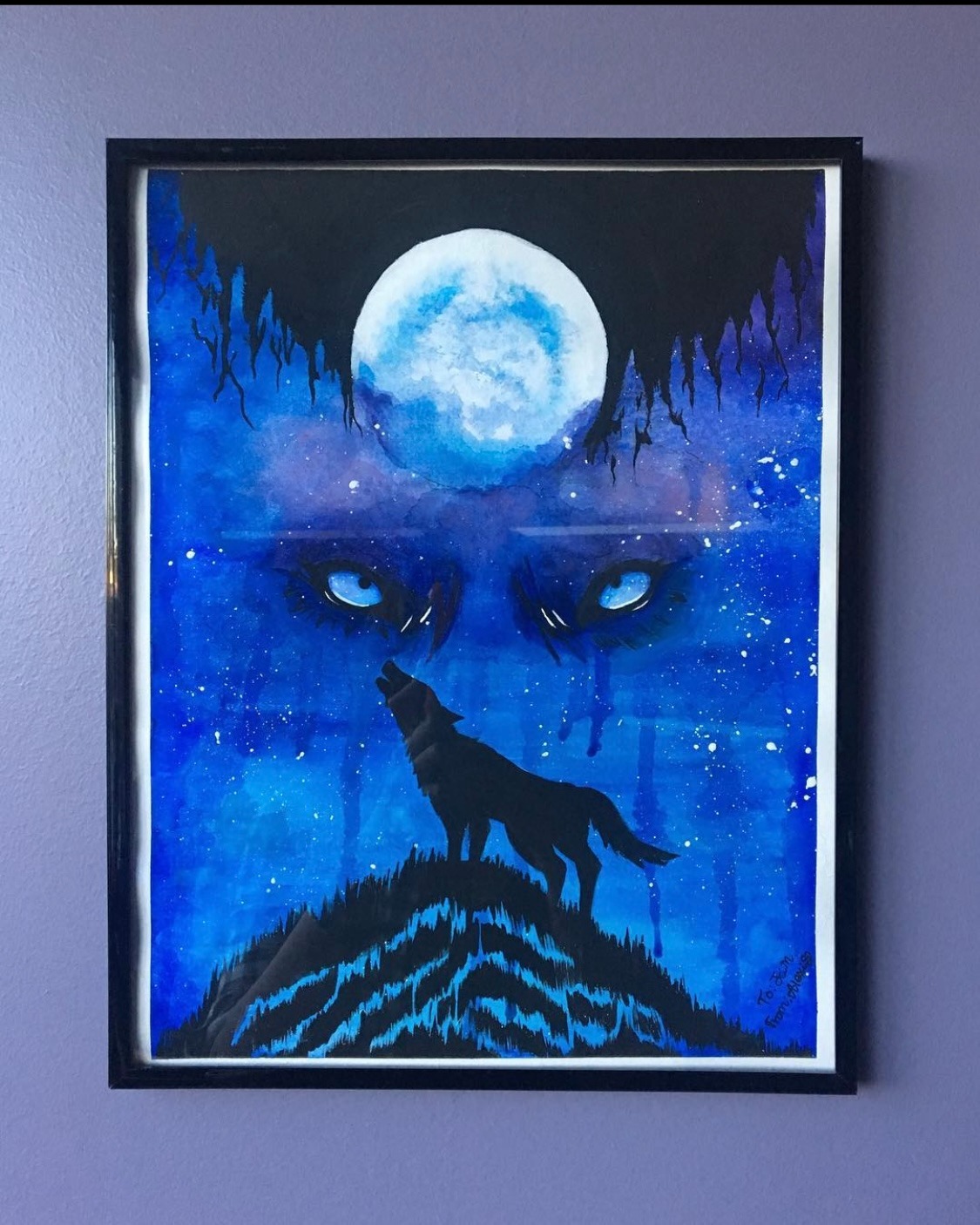 a painting of a wolf in a blue sky with smoldering intense eyes glaring under the moon.