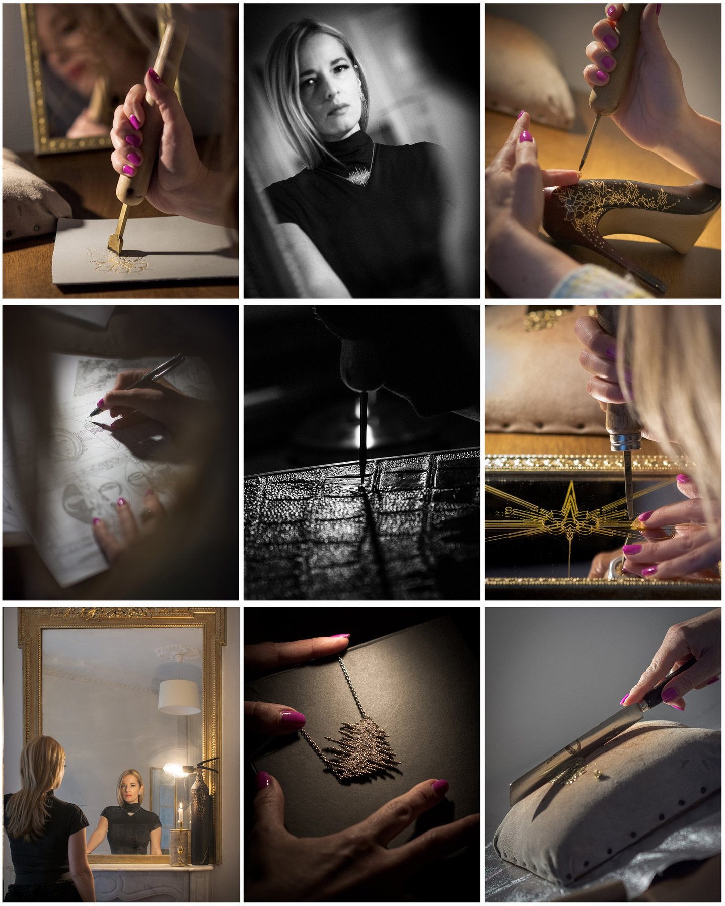 Lucie Monin artisan crafting luxury leather goods, jewelry, and engraved designer heels.