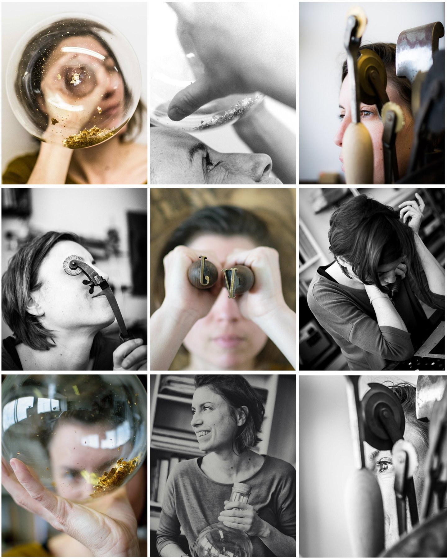 A grid of Julie Vilmain photos showing a woman artisan working with glass and metal tools.