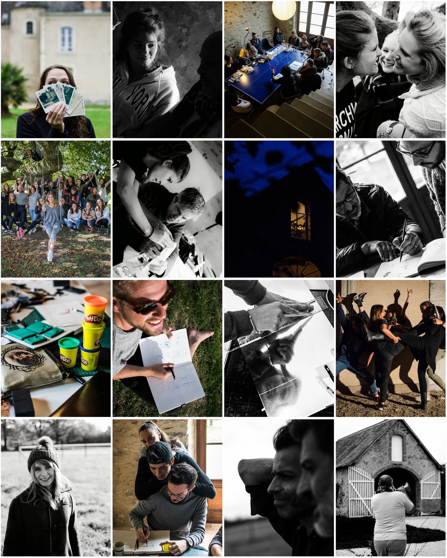 Black and white collage of students in a creative workshop sketching and collaborating outdoors.