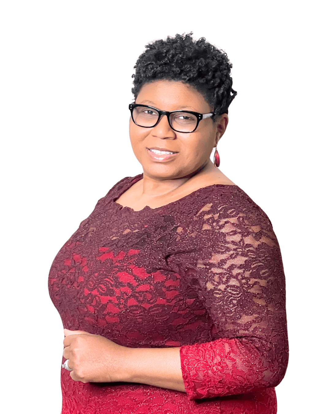 smiling African American woman in burgundy lace dress Legal Marketing Expert Tameka Chapman