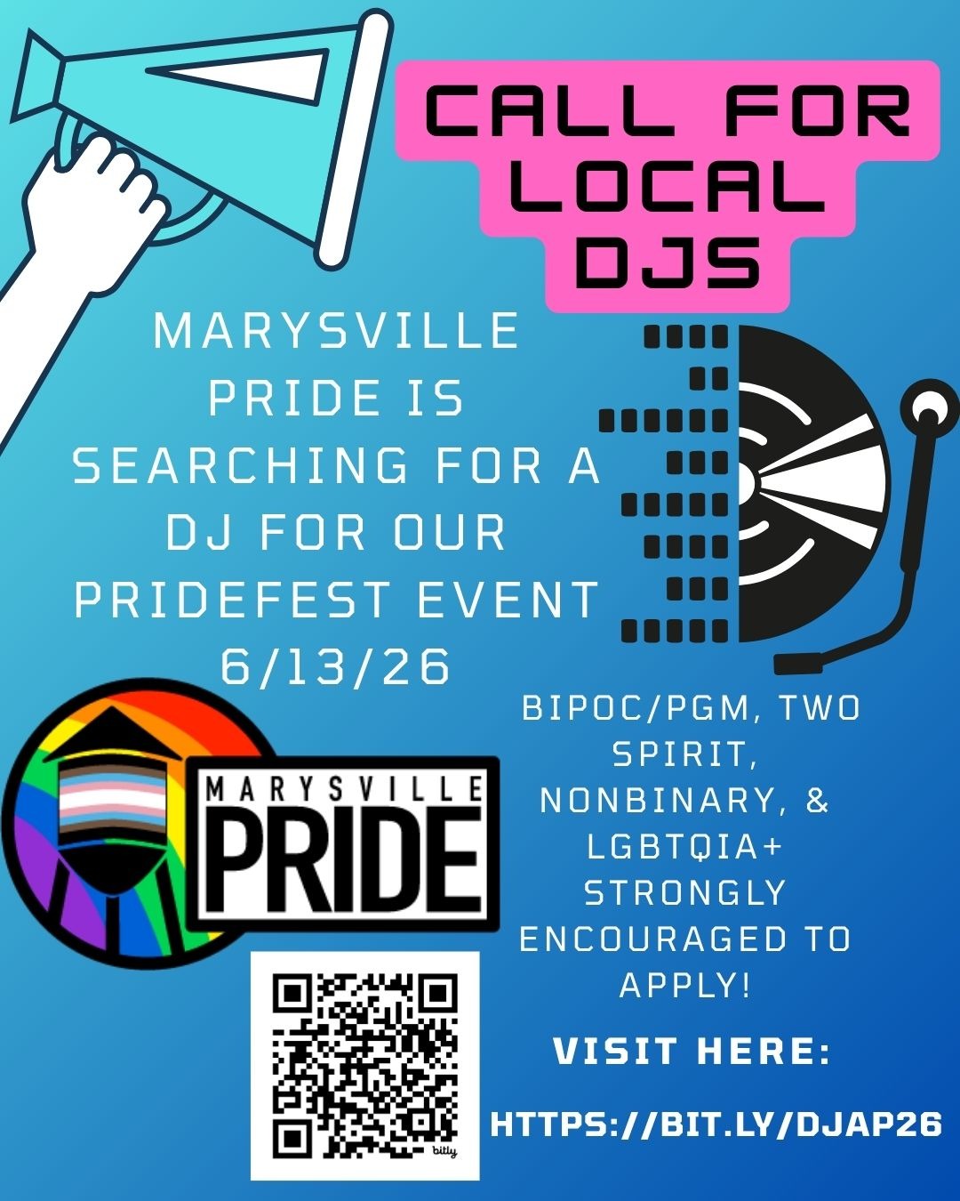 Marysville Pride flyer calling for local DJs for PrideFest on June 13, 2026.
