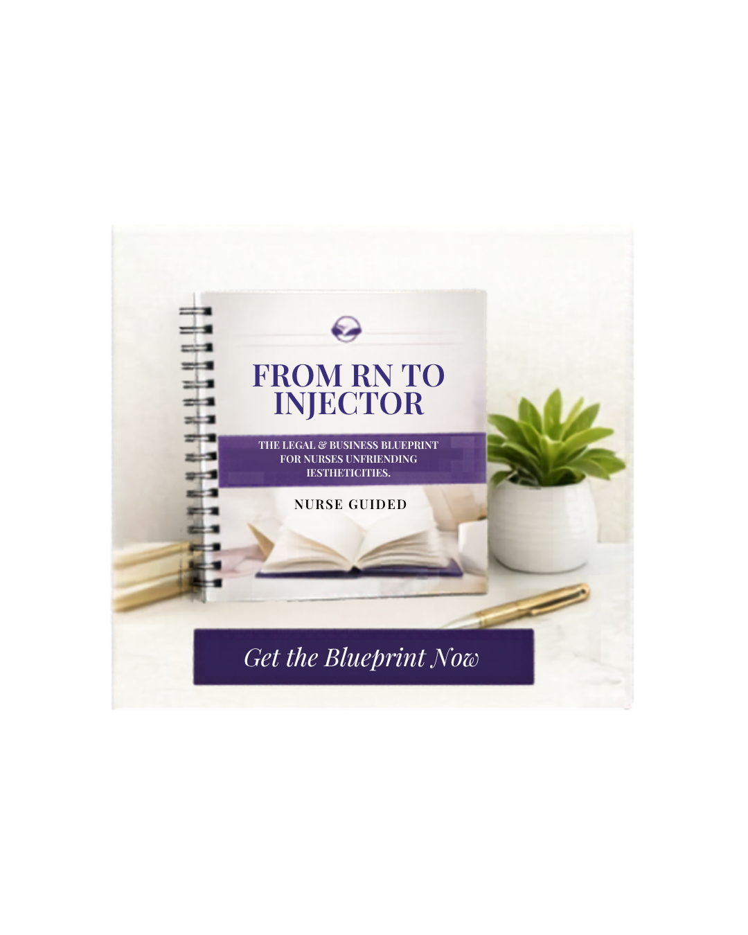 From RN to Injector blueprint guide for aesthetic nurses on a desk with a plant.
