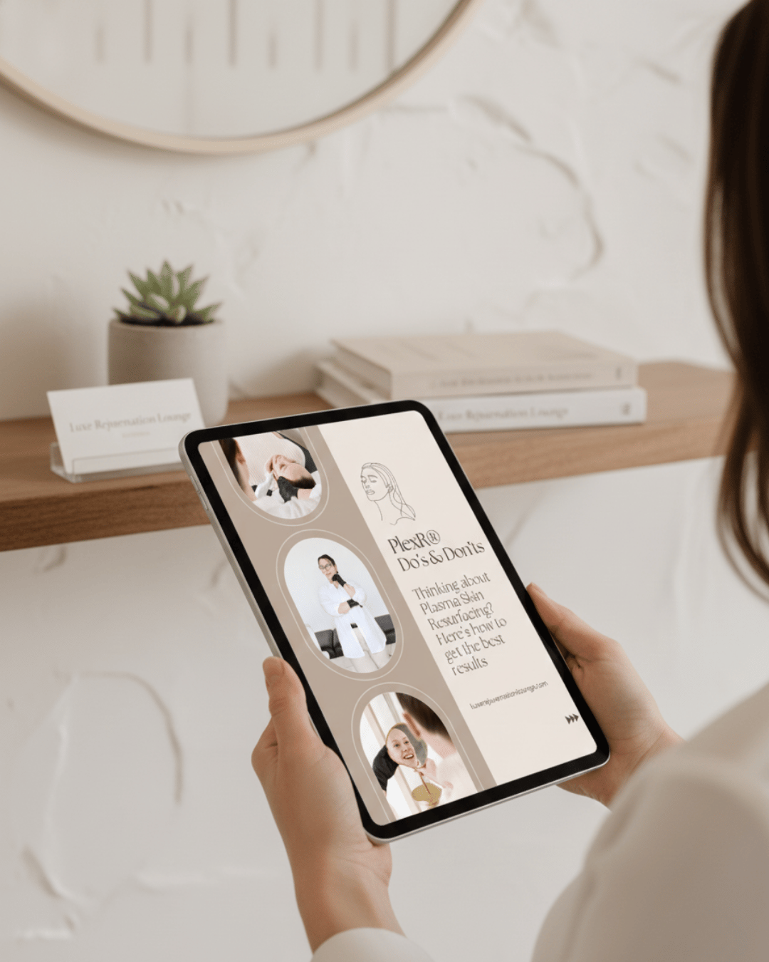 A woman holding a tablet displaying Plexr plasma skin resurfacing do's and don'ts for skin rejuvenation.