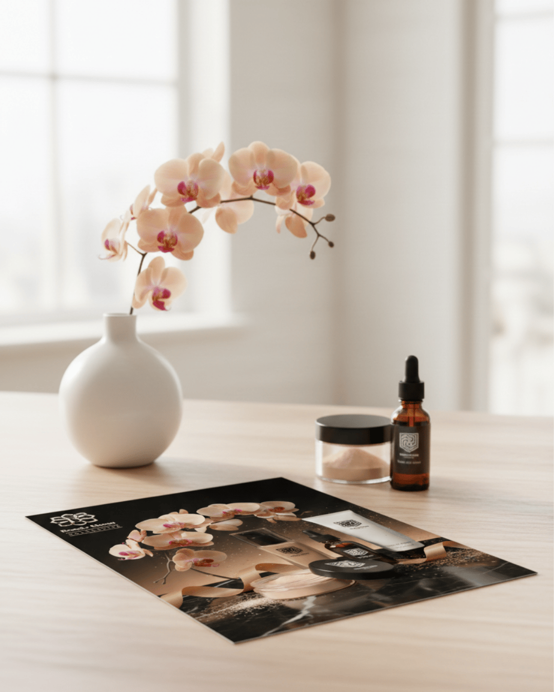 Luxury skincare products and a brochure displayed on a desk with a blooming orchid vase.