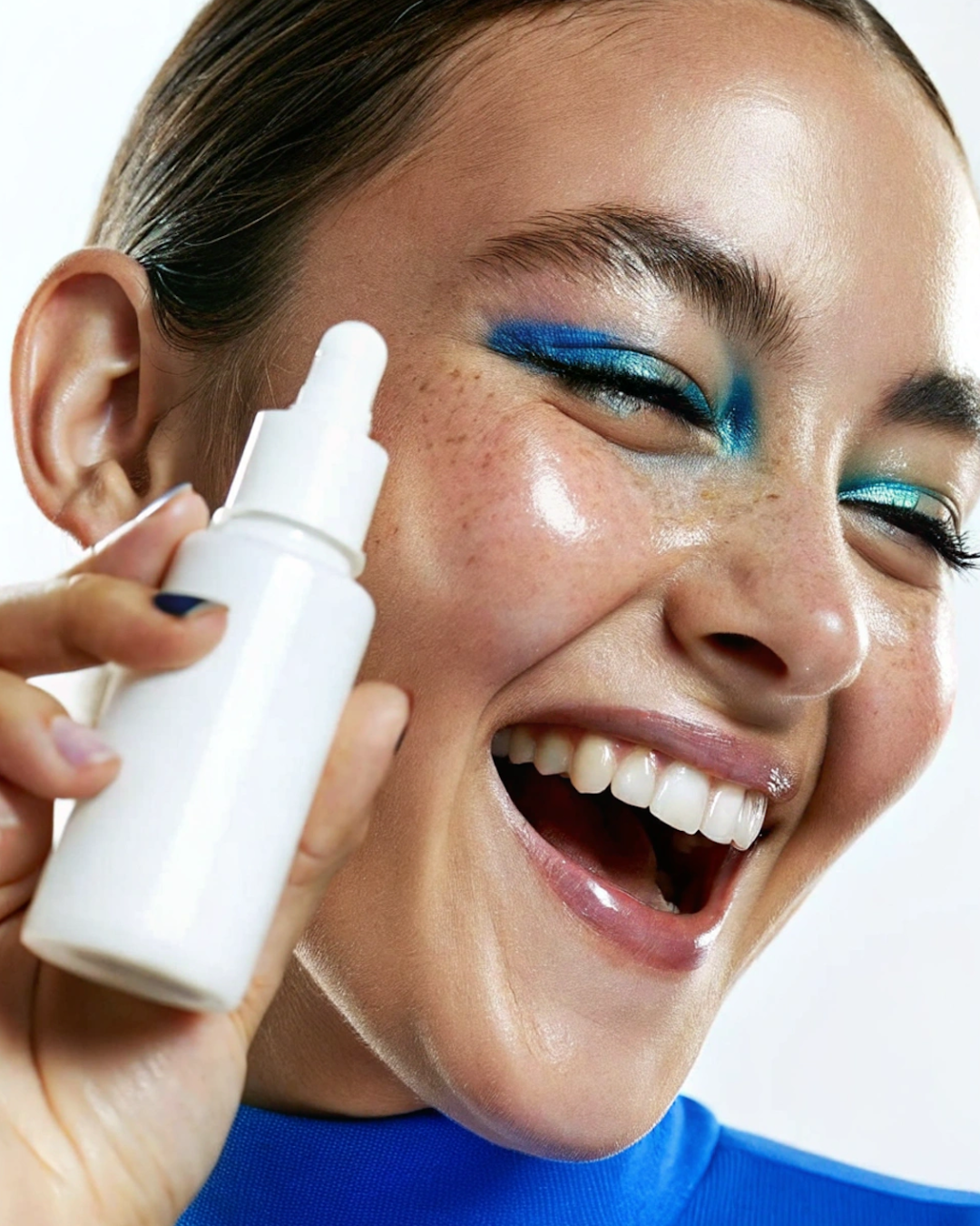 Smiling woman with blue eyeshadow holding a white facial serum dropper for glowing skin care.