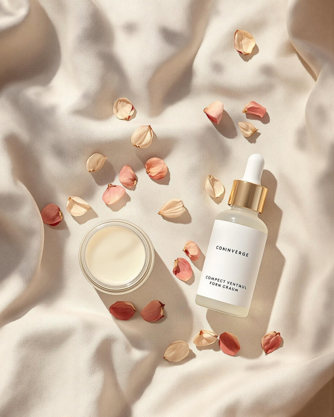 Luxury skincare serum bottle and face cream jar with rose petals on draped silk fabric.