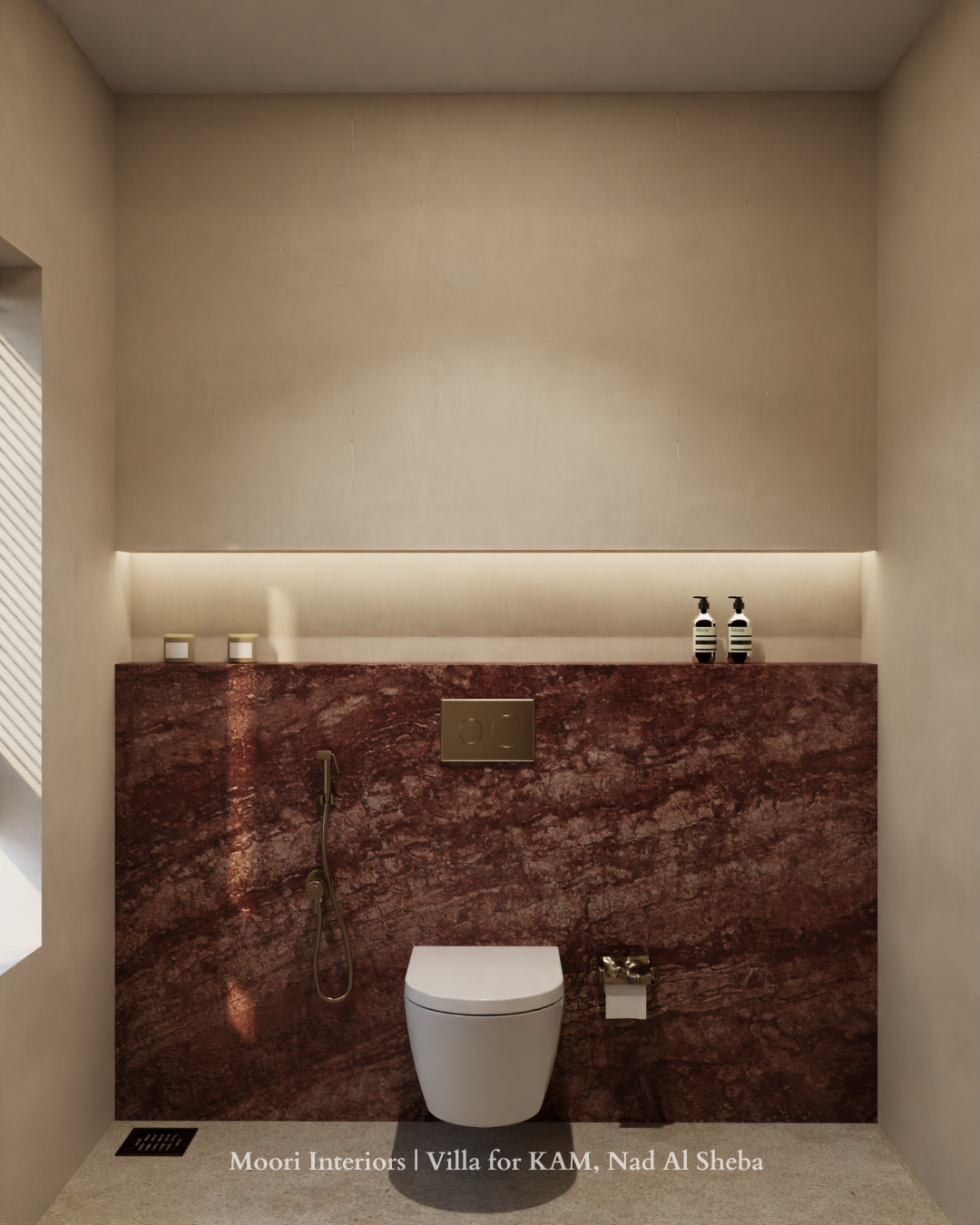 Modern bathroom featuring Emperador marble walls and a white toilet.