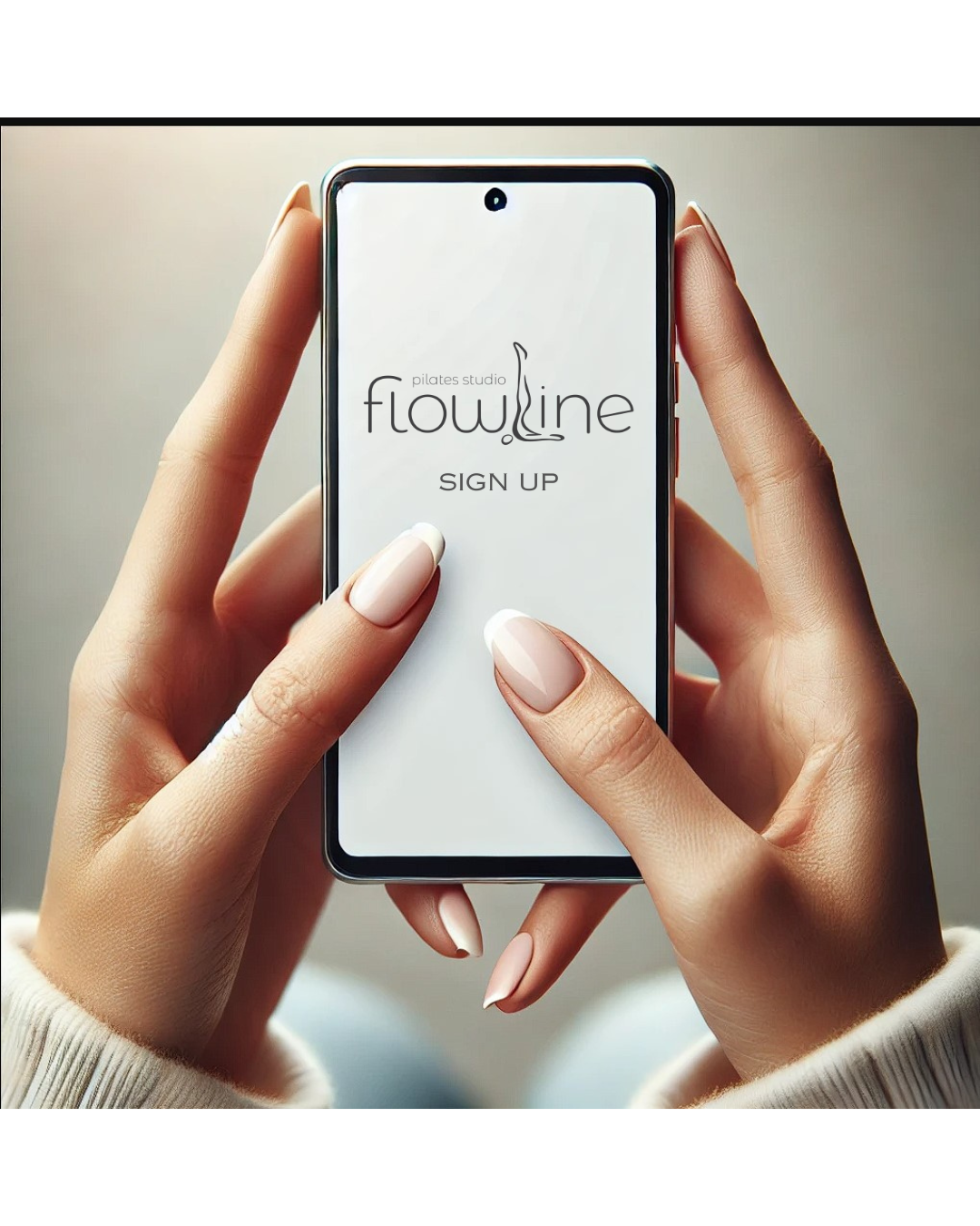 Close-up das mãos de uma mulher segurando um smartphone que exibe o logótipo com um botão  inscrição