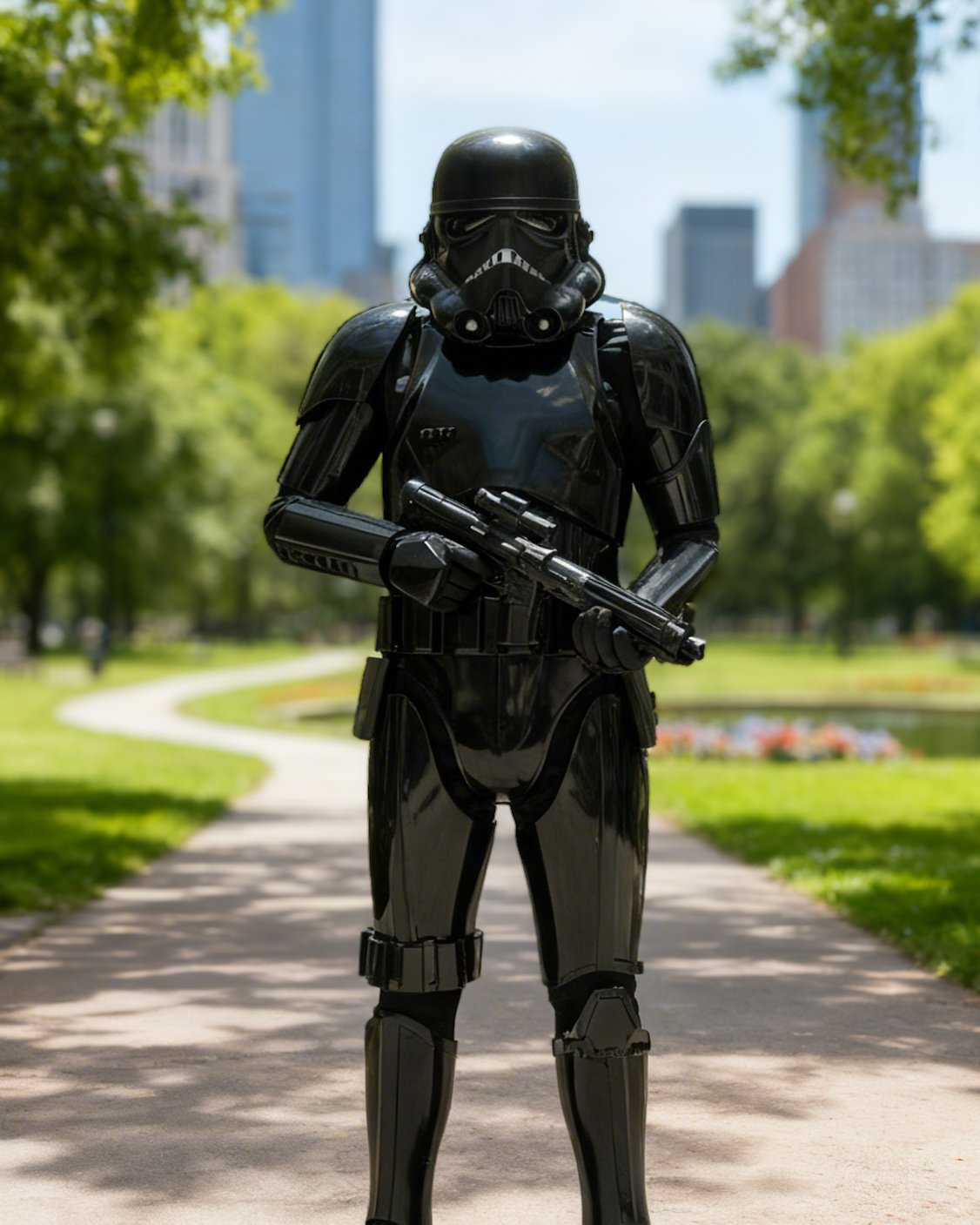 A person in a black Shadow Stormtrooper costume holding a blaster in a sunny city park.