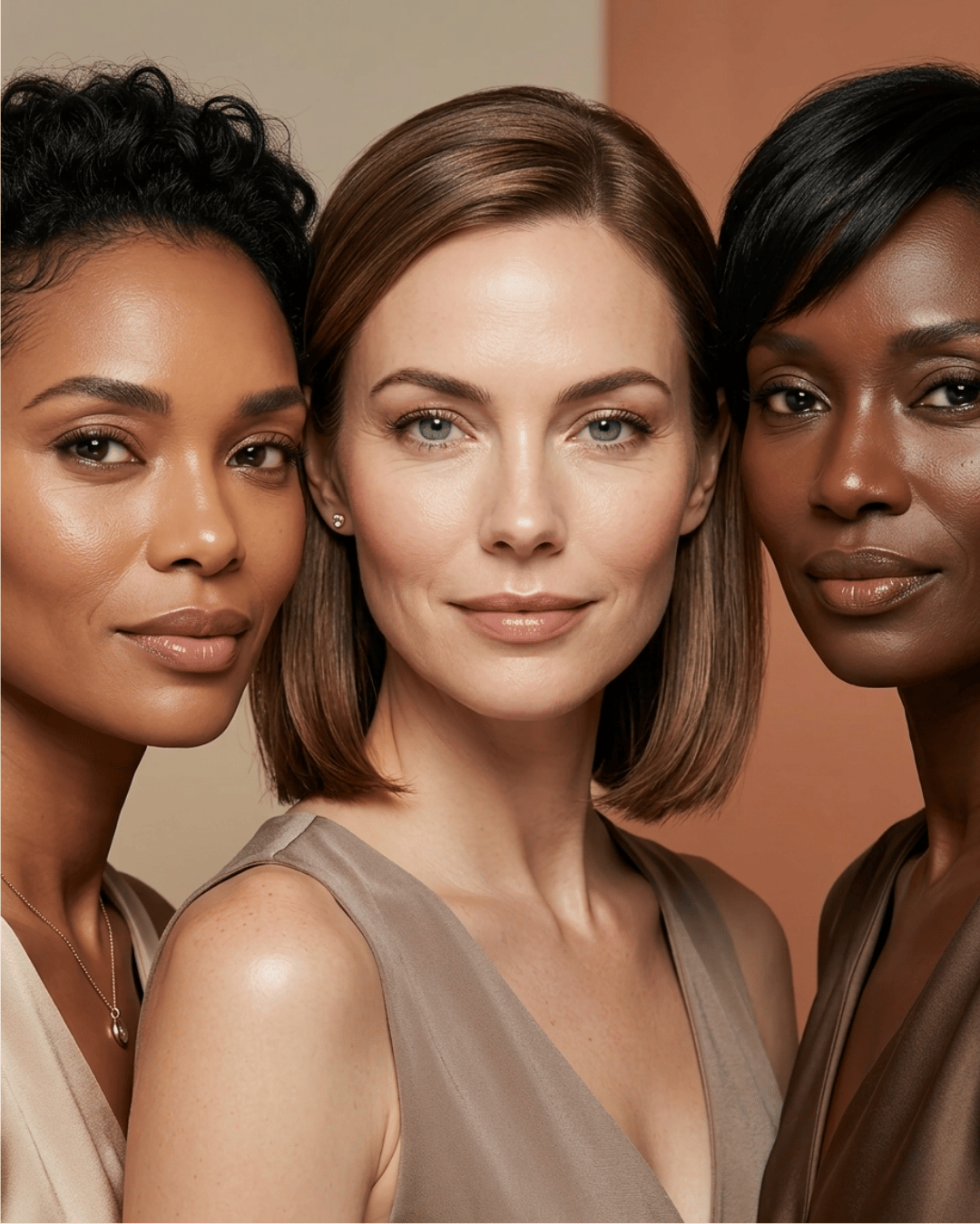Three diverse women with glowing skin showcasing inclusive beauty and natural makeup looks.