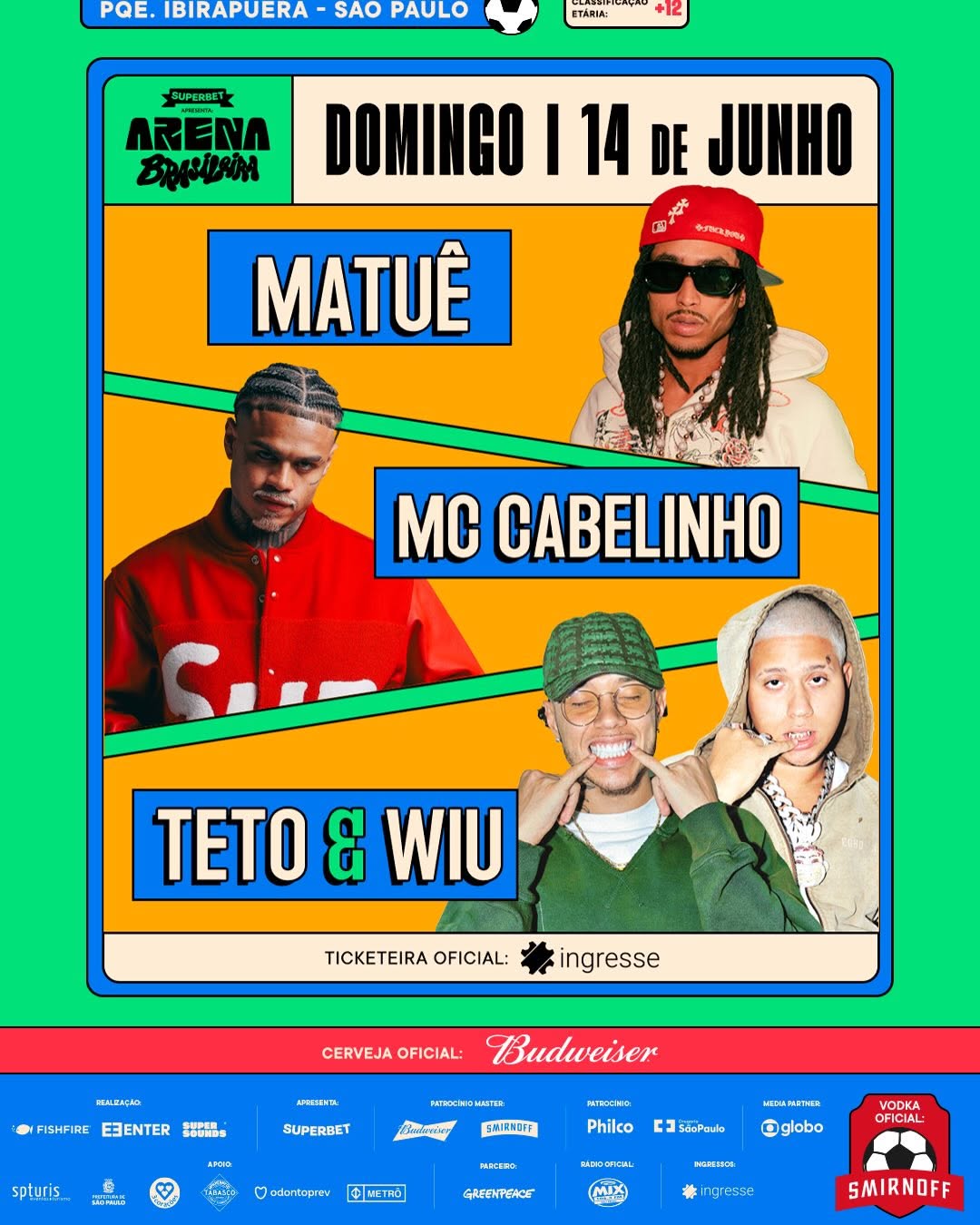 Cartaz da Arena Brasileira com Matuê, Teto, Wiu e MC Cabelinho no Parque Ibirapuera