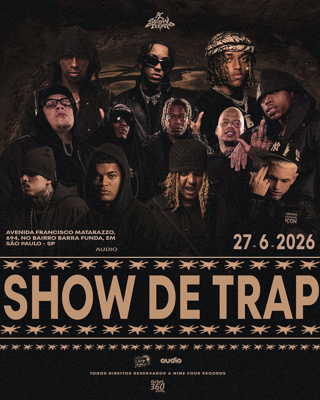 Cartaz oficial do Show de Trap na Audio com Derek, Ryu The Runner, Leviano, Dessiik e membros da Recayd Mob