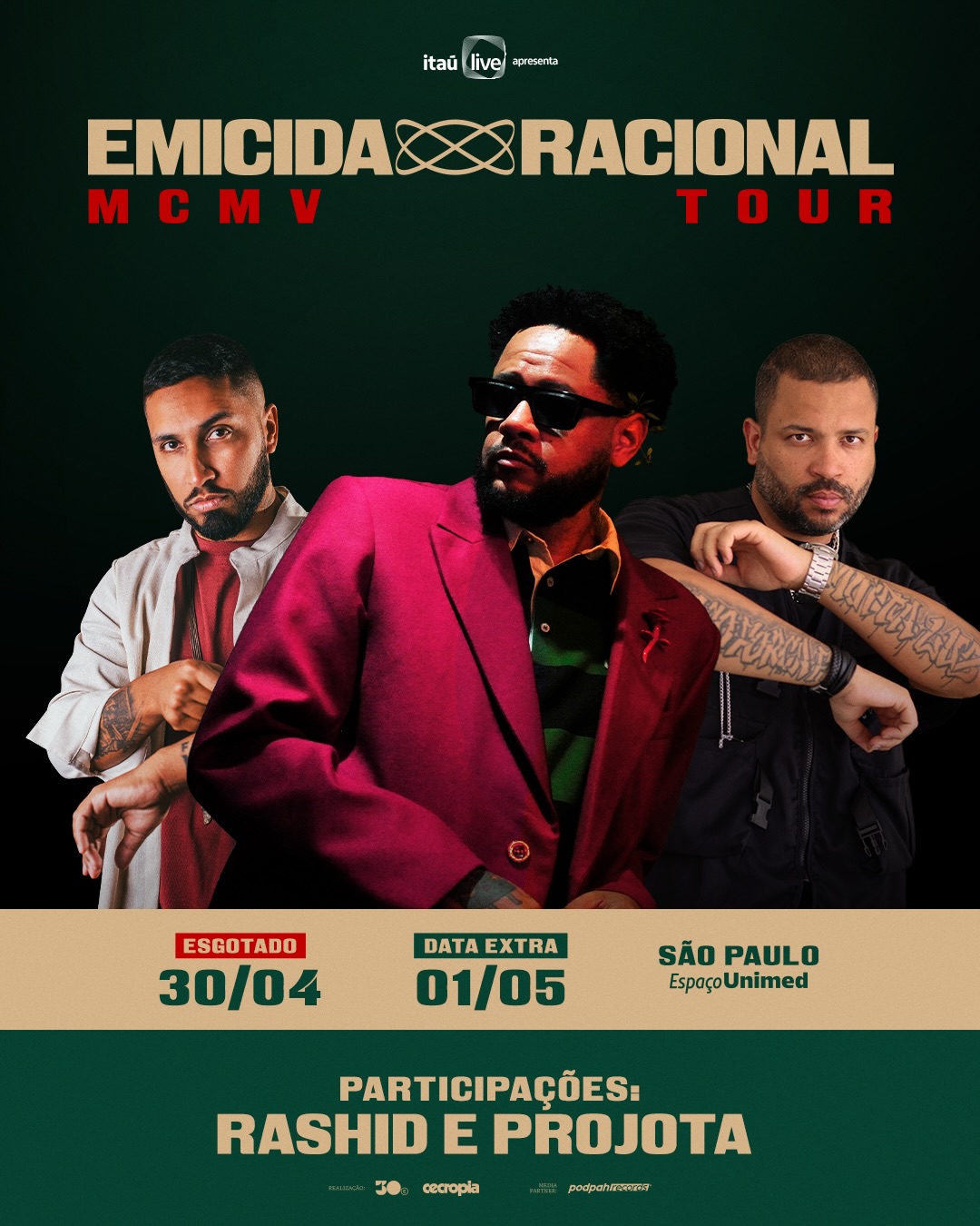 Emicida Rashid e Projota juntos na Racional MCMV Tour