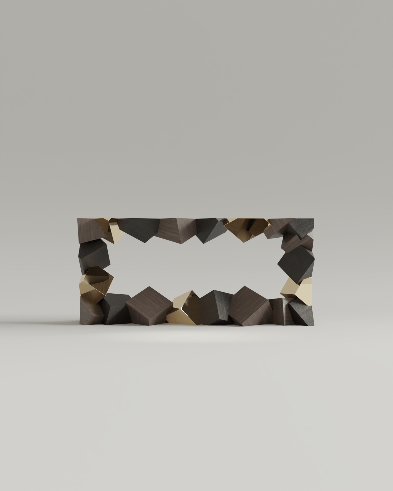 Pyrite Console in walnut and polished brass, interlocking truncated cubes