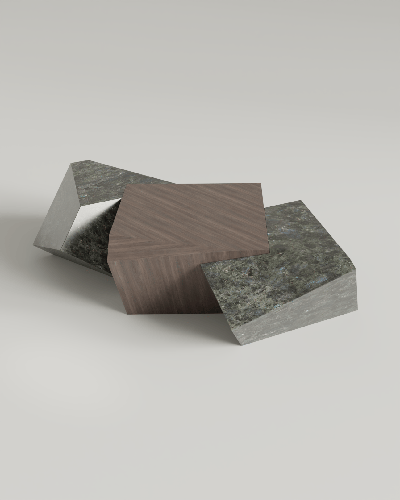 Table basse Pyrite en labradorite et noyer, cubes tronqués imbriqués