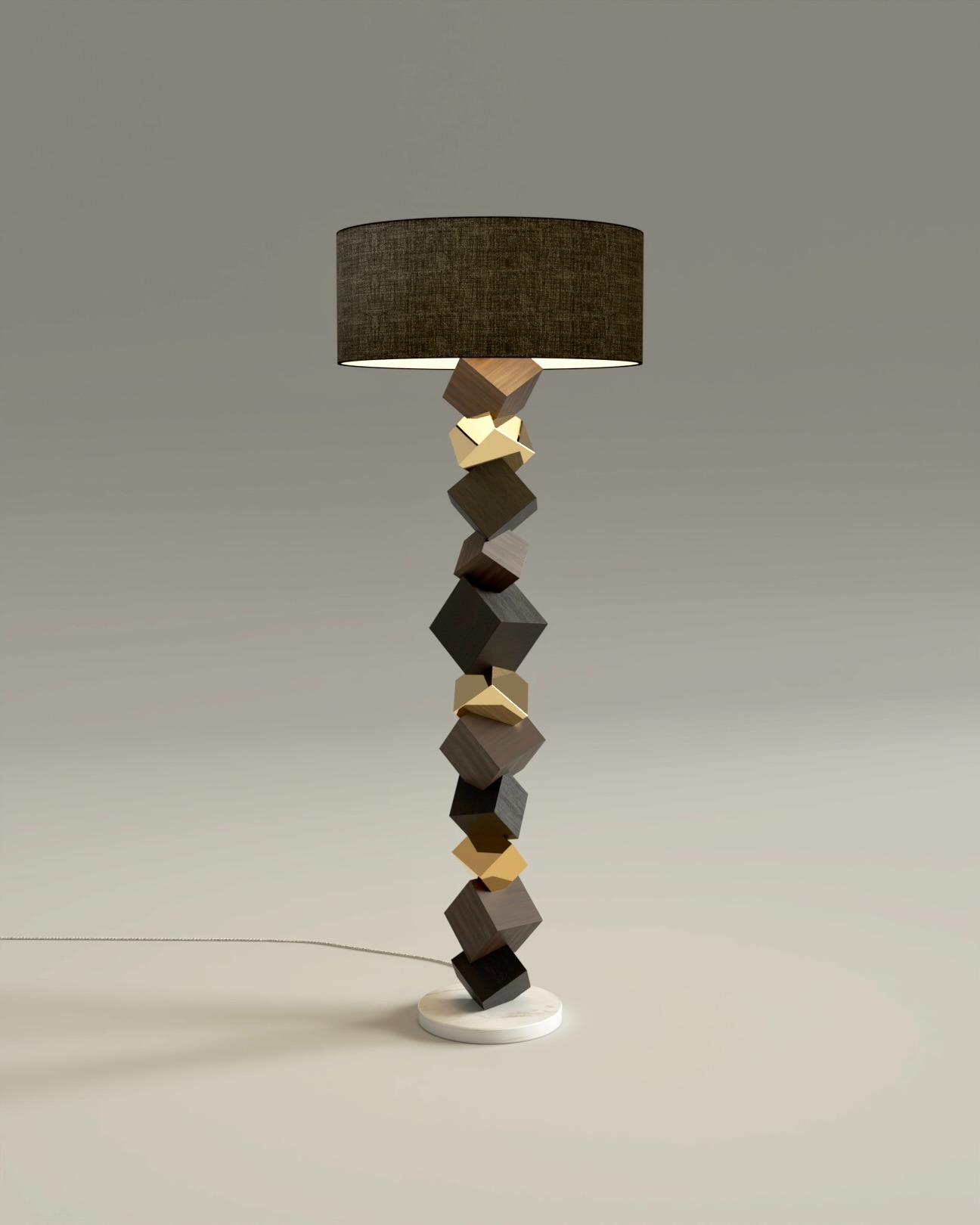 Lampadaire Pyrite en noyer, moabi et laiton poli. Pied en marbre blanc et abat-jour en lin noir.
