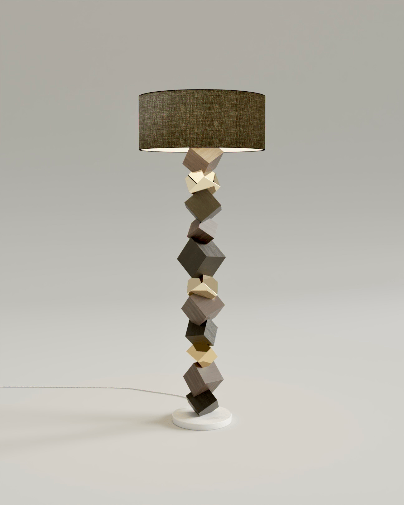 Pyrite floor lamp in walnut, moabi and polished brass. White marble base and black linen shade.