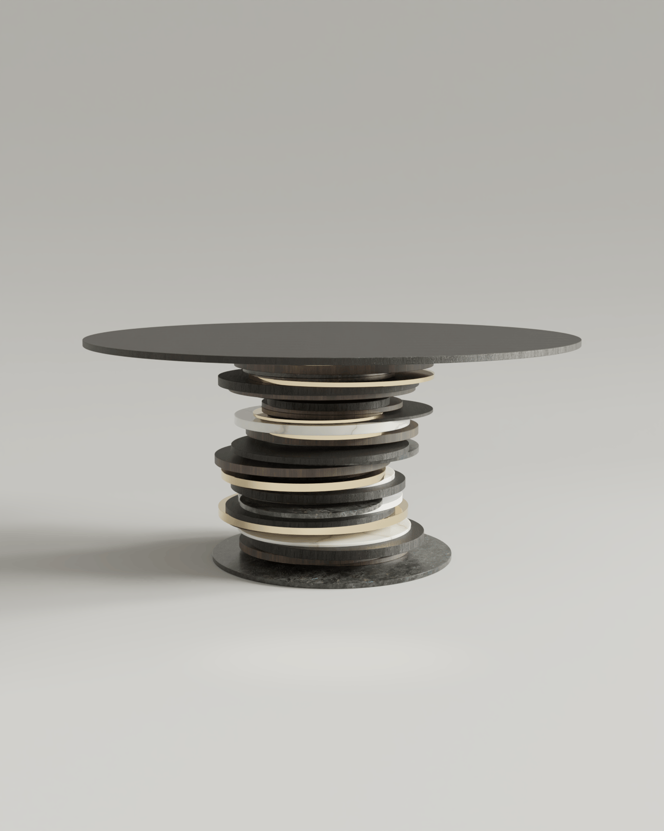 Table ronde Stratum en noyer, labradorite, marbre blanc, moabi et laiton poli.