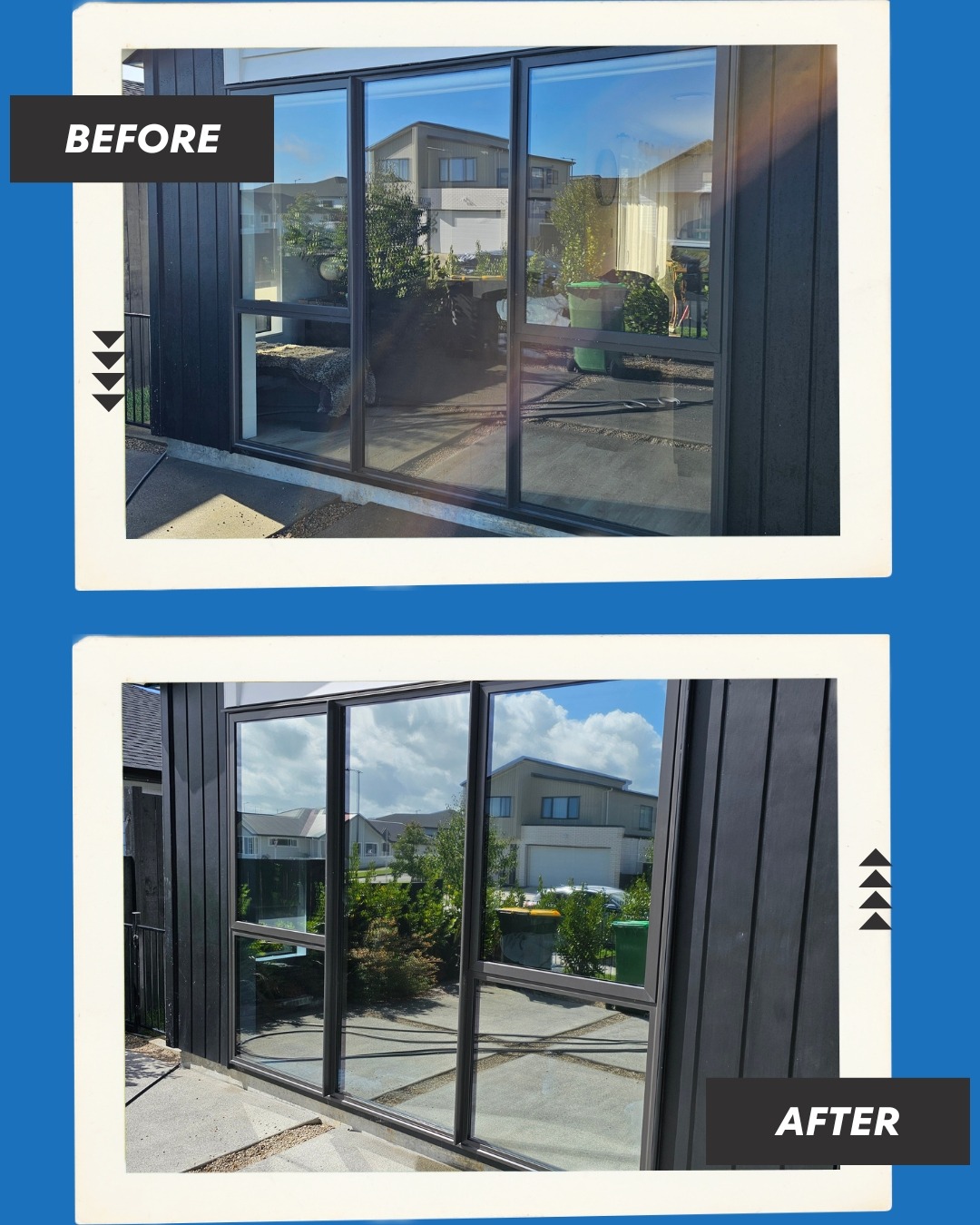 Before and after mirror window tinting showing a residential house glass door with increased privacy and reflection.