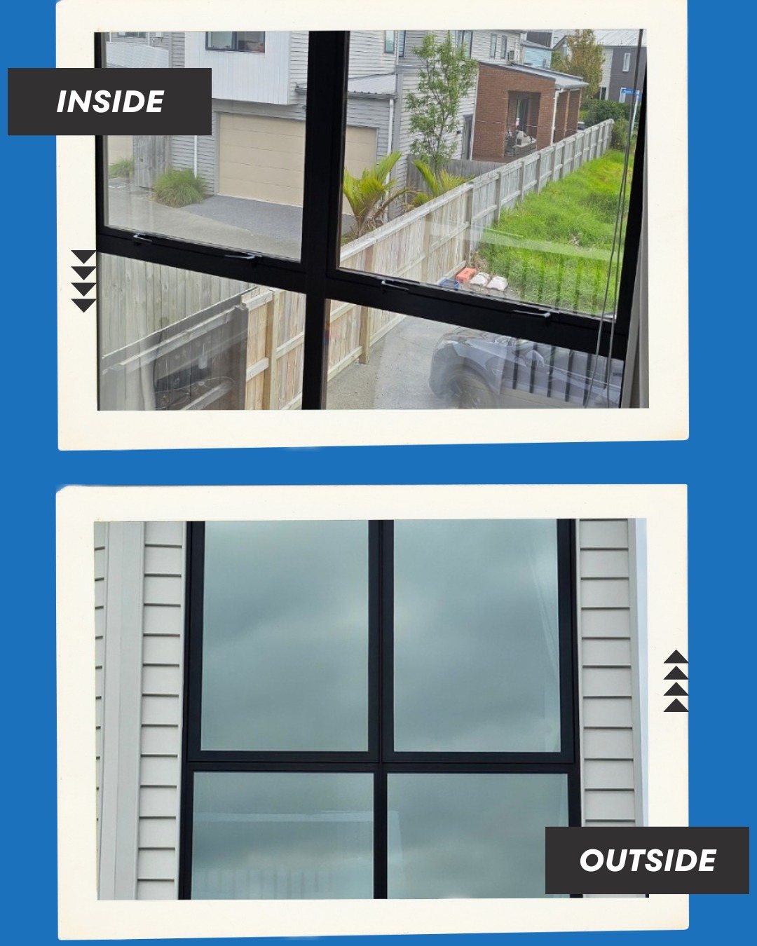 Inside and outside view of home window with privacy film tint installed.