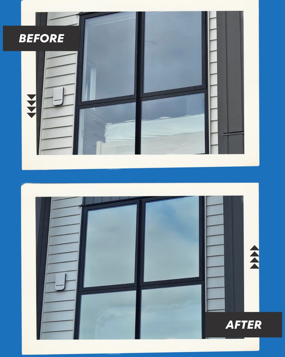 Before and after comparison of professional window film installation on a residential home