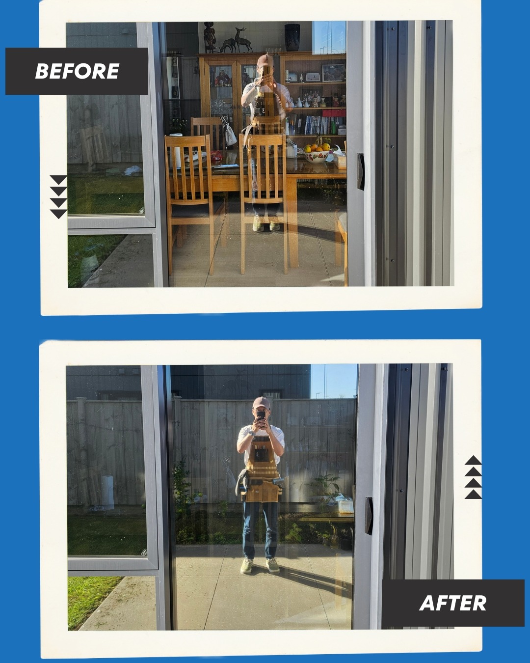 Before and after glass window tinting showing reduced interior glare and improved privacy.