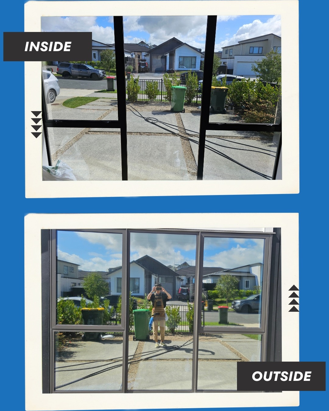 Before and after comparison of privacy window film showing the view from inside and outside a home.