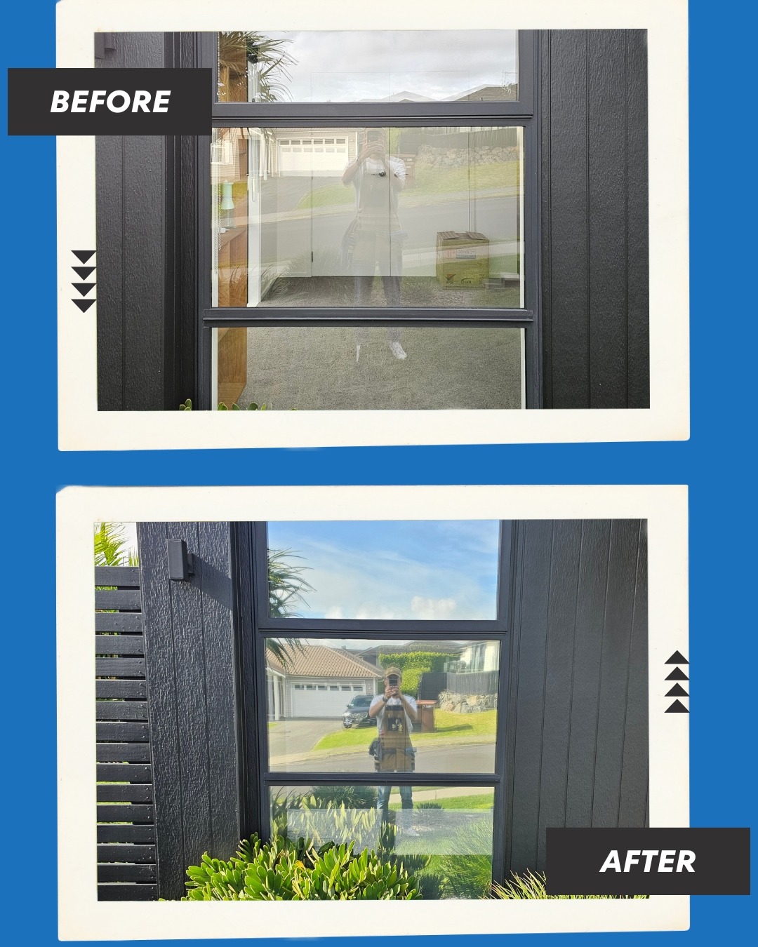 Before and after comparison of residential house after installing privacy window film
