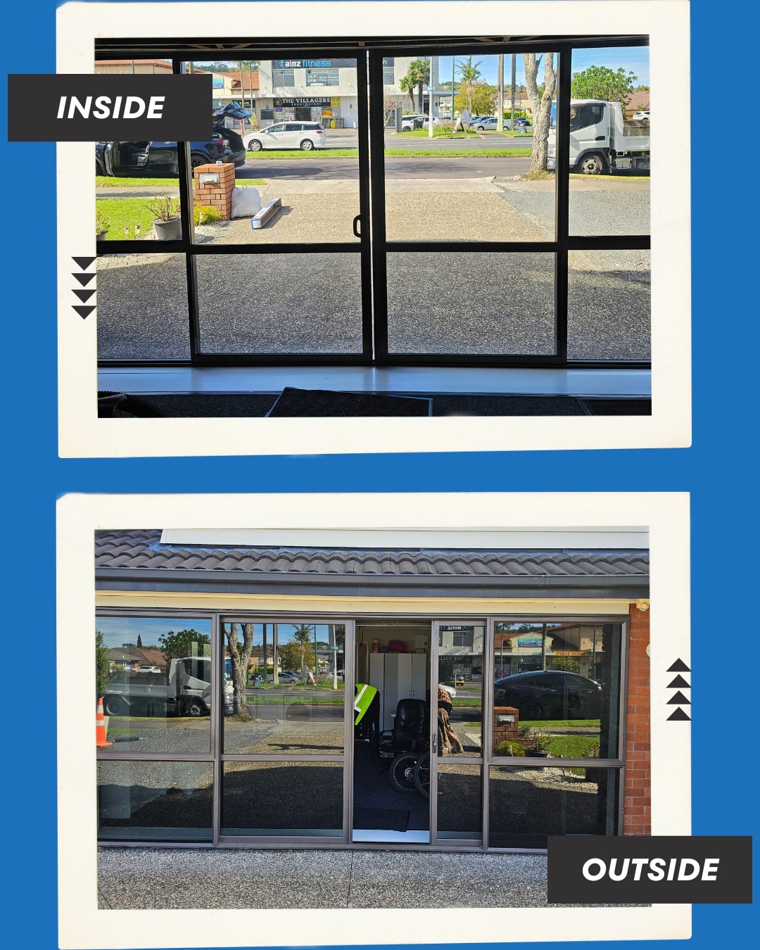 Inside and outside view of sliding glass doors after a privacy window film installation.