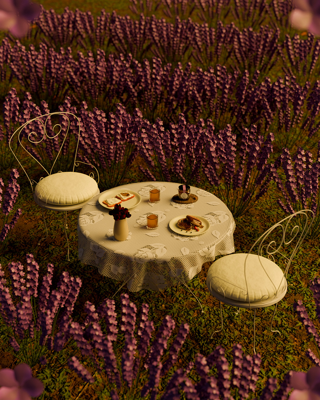 Campo de lavanda con una mesa y dos sillas en el centro con el desayuno, que tiene zumo de naranja y la mel alemany. 