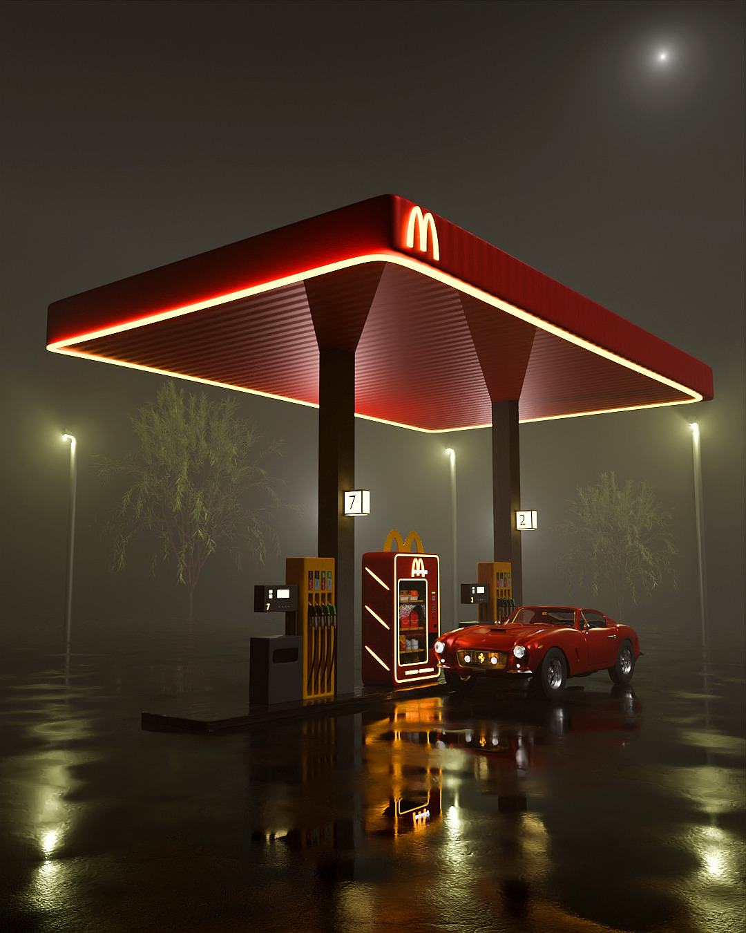 Gasolinera de McDonald's, con un coche, el suelo mojado y la máquina expendedora de la marca.