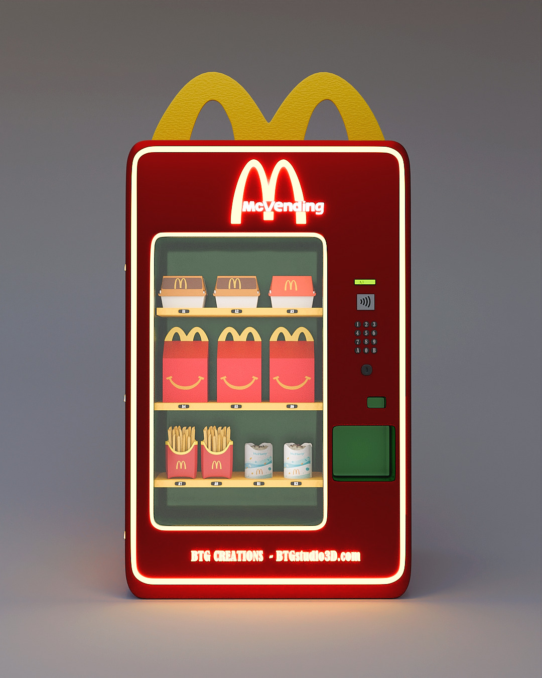 Concepto de máquina expendedora de McDonald's con sus productos en el interior. 