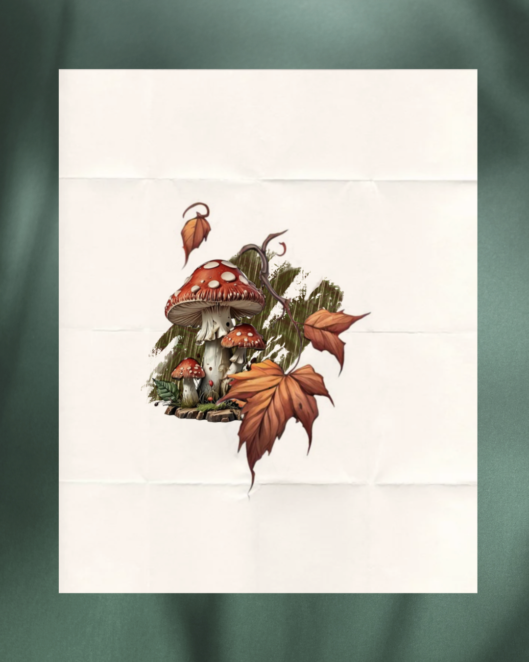 tattoo design of red mushrooms with autumn maple leaves. arm tattoo color realism