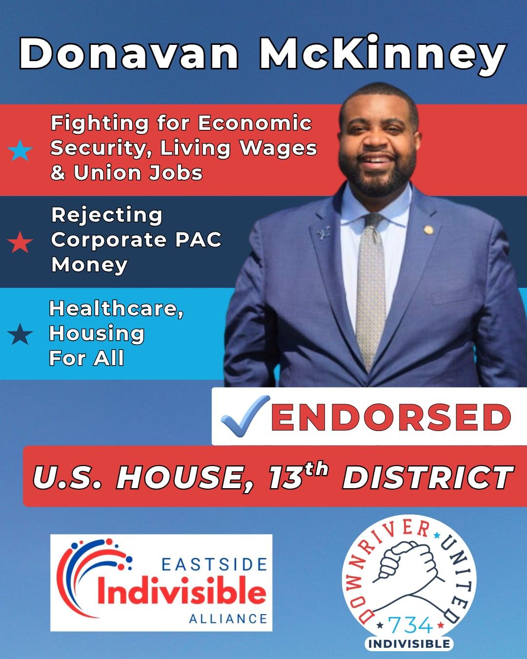 Eastside Indivisible Alliance and Downriver United Indivisible 734 endorse Donavan McKinney
