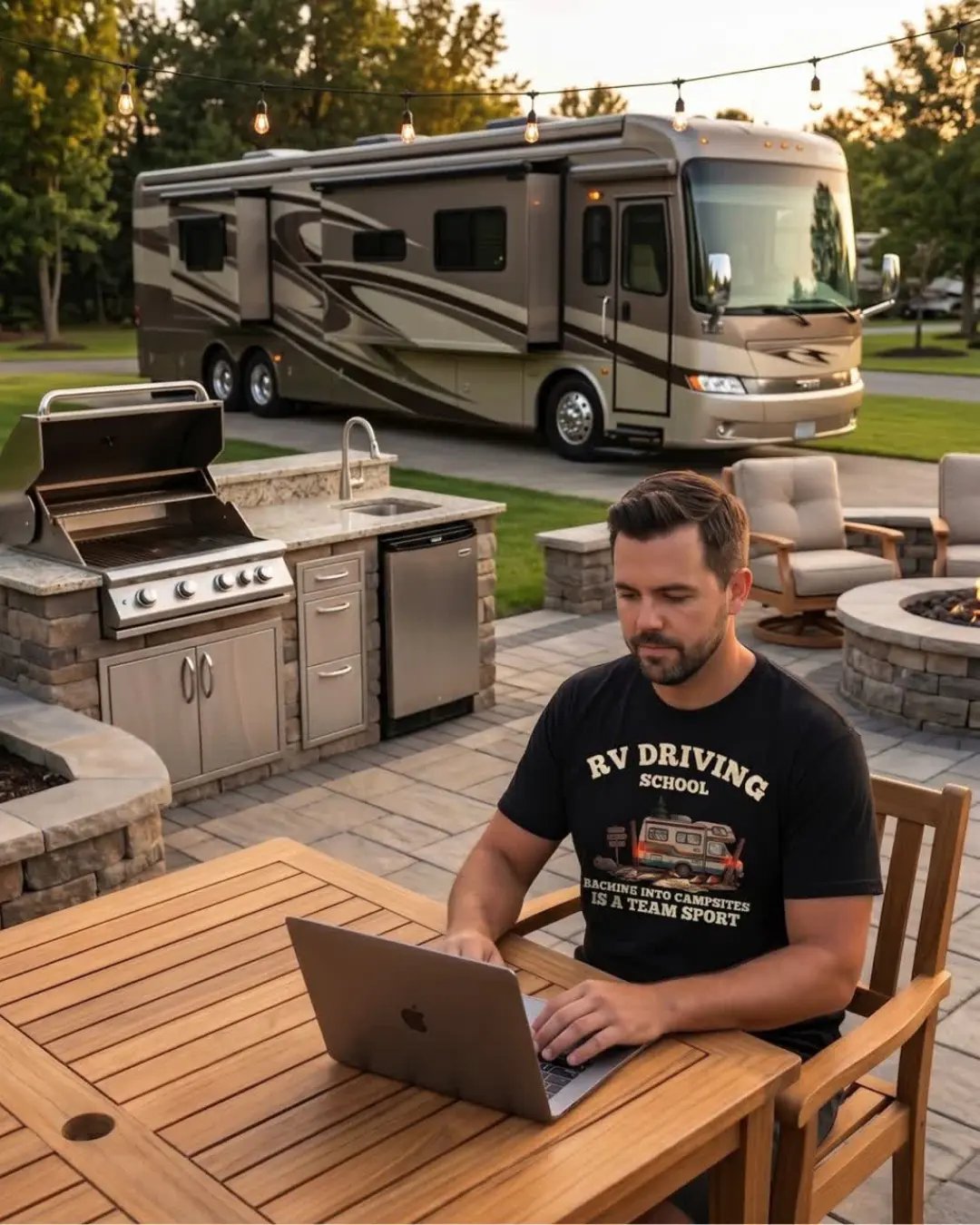 Working remotely on a laptop at an RV campsite — staying connected with a travel router on the road